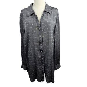 Foxcroft Metallic Textured Crystal Button Down Blouse Plus Size 18W Gray Silky